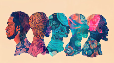 Artistic Illustration of Floral Human Profiles - Vibrant and Creative Design for Posters or Home Decorの素材