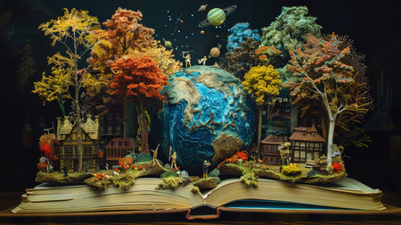 Elaborate Diorama of a Miniature World Emerging from an Open Book - Detailed Fantasy Scene for Creative Storytelling and Decorの素材