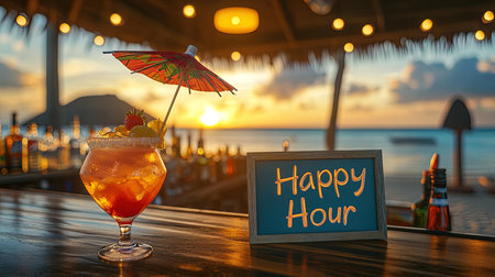 Vibrant Beach Bar at Sunset with Colorful Tropical Cocktail - Perfect for Summer Party Themes and Social Mediaの素材