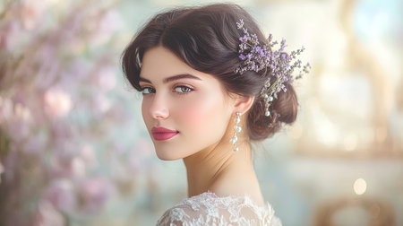 Elegant Woman with Floral Hairpiece and Pearl Earrings - Perfect for Bridal and Fashion Photographyの素材