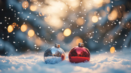 Winter Scene with Red and Silver Christmas Ornaments - Ideal for Holiday Greeting Cards and Seasonal Decorationsの素材