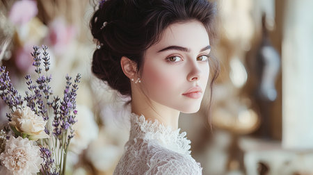 Elegant Woman with Floral Hairpiece and Pearl Earrings - Perfect for Bridal and Fashion Photographyの素材