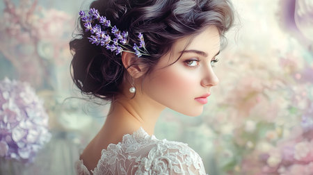 Elegant Woman with Floral Hairpiece and Pearl Earrings - Perfect for Bridal and Fashion Photographyの素材