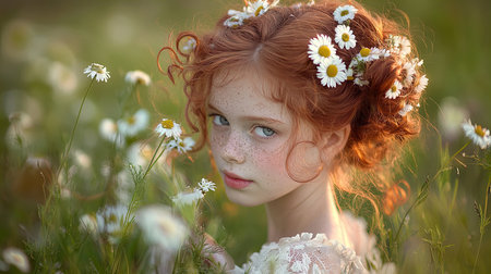 Young Girl with Red Curly Hair and Daisies - Perfect for Childrens Photography and Nature-Themed Artの素材