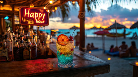 Beachfront Tiki Bar at Dusk with Vibrant Cocktail - Ideal for Summer Party Themes and Tropical Getawaysの素材