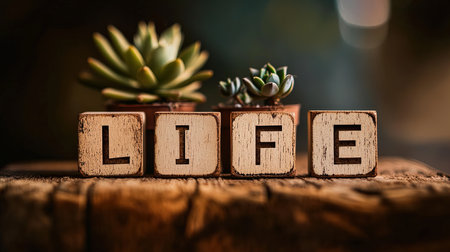 Wooden Blocks Spelling "Life" with Succulent Plants - Perfect for Inspirational Home Decor and Natural Themesの素材