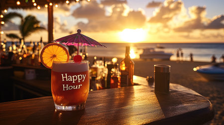 Sunset Beach Bar Scene with Festive Cocktail - Perfect for Summer Celebrations and Tropical Getawaysの素材