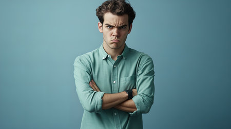 Young Man with Furrowed Brows and Pouty Expression in Green Shirt for Emotions and Mood Representationの素材