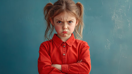 Angry Young Girl with Light Brown Hair and Red Shirt Pouting for Emotions and Childhood Expressionsの素材