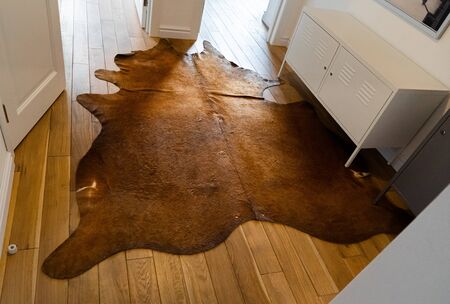 Reddish Brown Cowhide rug with silky coat on a wooden floor as luxuriously home decoration with rustic or western charm. A cow skin carpet in industrial-styled corridor as addition to modern interiorの写真素材