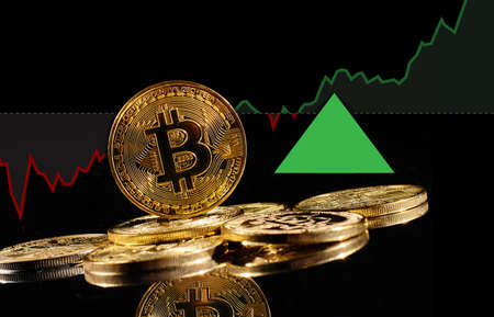 Golden coins with bitcoin   rise in bull market. Leader cryptocurrency Bitcoin BTC go up in trading....