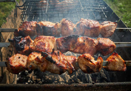 Barbeque meat and sausages or bratwurst on a grill grate in backyard. Man preparing shashlik or shish kebab over charcoal. Grilled meat on metal skewer outdoor. BBQ party or picnic food. Close up shotの写真素材