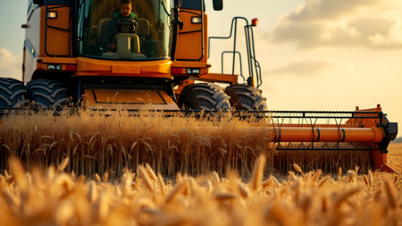 Man in combine harvesters with grain header, wide chaff spreader reaping cereal ears. Rotary straw...