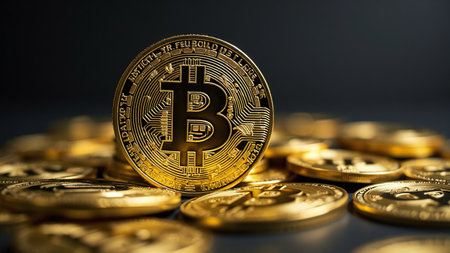 Concept of cryptocurrency trading on stock market and blockchain technology. Closeup golden coin...