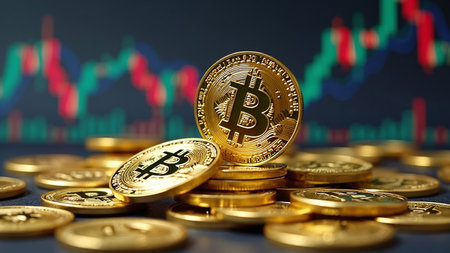 Concept of cryptocurrency trading on stock market and blockchain technology. Closeup golden coin...