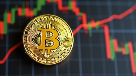 Concept of cryptocurrency trading on stock market and blockchain technology. Closeup golden coin...