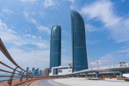 Xiamen, China - Apr 30, 2018: Xiamen Shimao Strait Building Petronas Twin Towersのeditorial素材