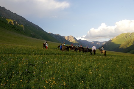 People riding horses on grasslandのeditorial素材