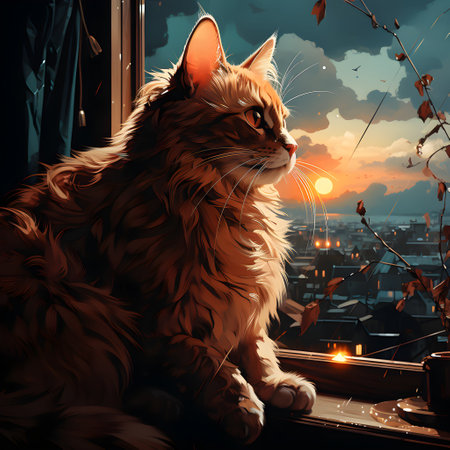 Cat sitting on the window sill and looking at the city at sunsetの素材