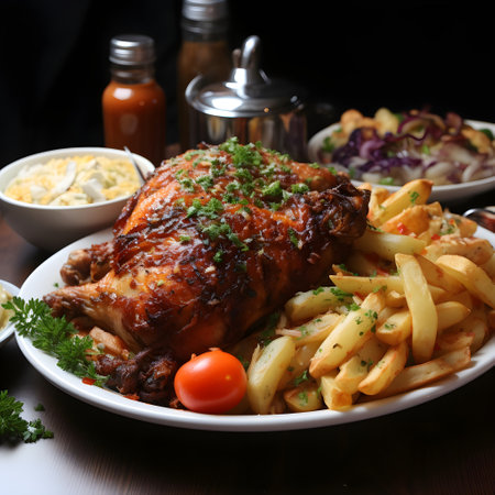 roast chicken with french fries and salad on a wooden table.の素材