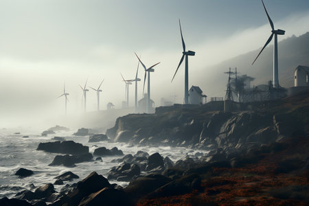 Wind turbines in the sea. 3d render. Landscape.の素材