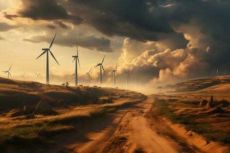 Wind turbines on a desert road at sunset.の素材