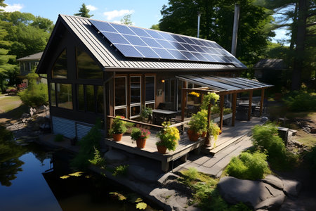 Modern house with solar panels on the roof. Photovoltaic panels installed on the roof. Ecology and environment concept. Green energyの素材
