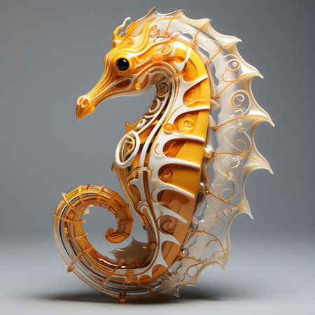 Golden seahorse on a gray background. 3D rendering.の素材