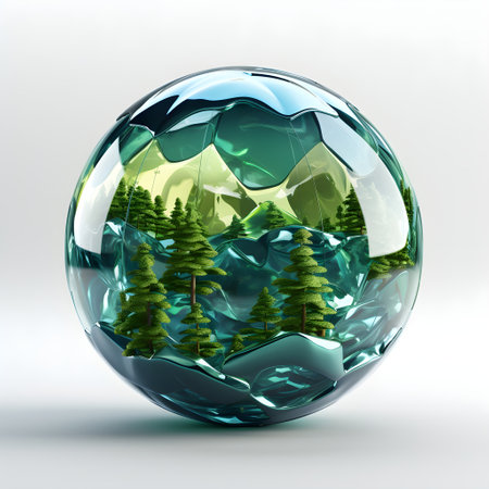 Glass sphere with forest and mountains. 3d render illustration on white backgroundの素材