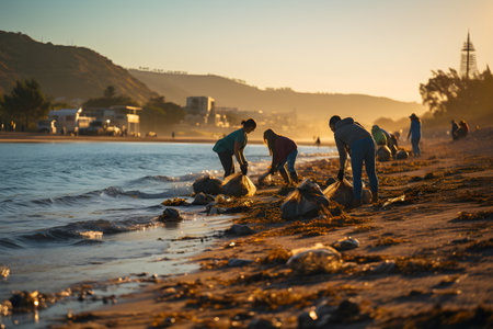 Group of people cleaning the beach in the early morning with sunrise.の素材