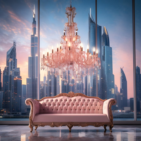 Luxury pink sofa and chandelier against the background of the night cityの素材