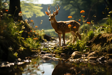 Deer in the forest with flowers and reflection in the water.の素材