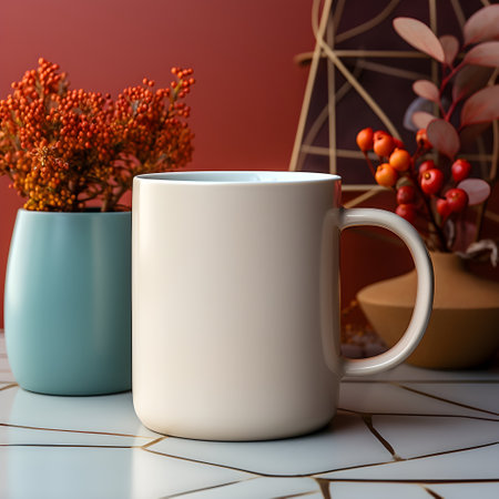 Mockup. Mug of tea or coffee on the background of the autumn landscape.の素材