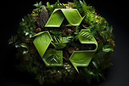 Green recycling symbol made of leaves and branches on a dark background.の素材
