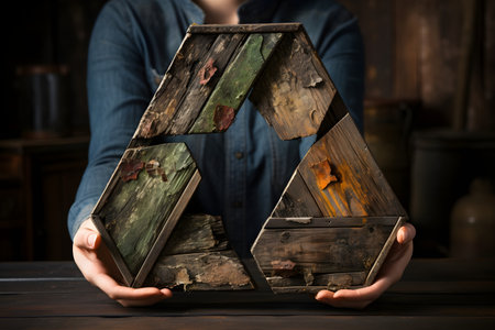Recycling symbol made of wood on wooden background. Recycling conceptの素材