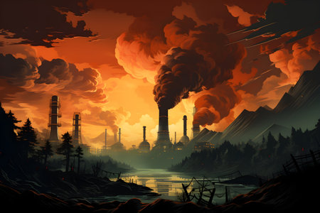 Industrial smoke coming out of factory chimneys, environmental pollution conceptの素材
