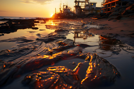 oil spill in the ocean, symbolizing the devastating effects of pollution on marine life and ecosystemsの素材
