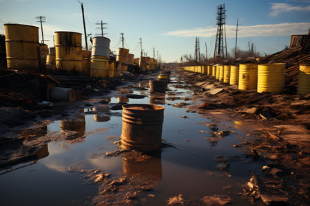 Oil pipes in a puddle at sunset. Oil and gas industry.の素材