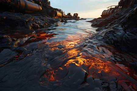 oil spill in the ocean, symbolizing the devastating effects of pollution on marine life and ecosystemsの素材