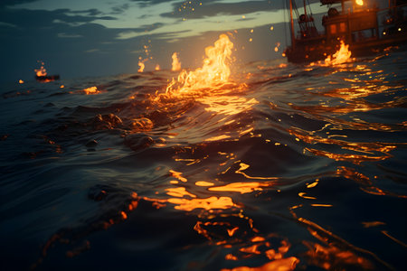 Burning oil tanker in the sea at sunset. oil spill in the ocean, symbolizing the devastating effects of pollution on marine life and ecosystemsの素材