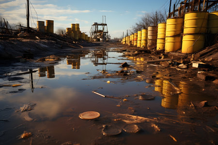 A hazardous waste disposal site with barrels and containers, illustrating the improper handling and disposal of toxic materialsの素材