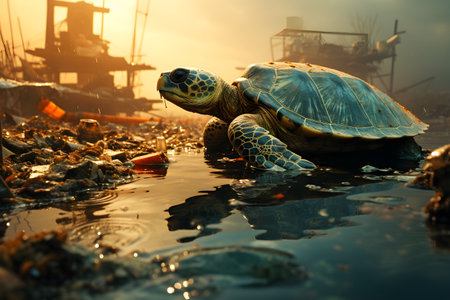 Turtle in the trash. Pollution of the environment concept.の素材