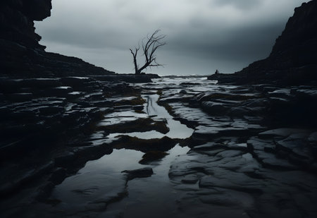 Dead tree on the beach in the stormy morning.の素材