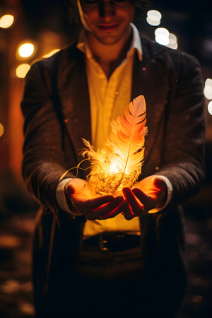 Feather in the hands of a young man on the background of a night cityの素材
