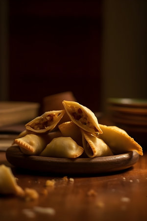 Fried dumplings on a wooden plate. Selective focus.の素材