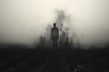 Silhouette of a man standing in the middle of the field with fogの素材