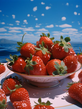Strawberries in a bowl on the background of the sea and skyの素材