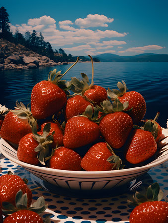 Strawberries in a bowl on the background of the sea and skyの素材