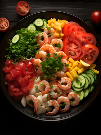 Fresh salad with shrimps, tomatoes, cucumbers and parsley on black plateの素材
