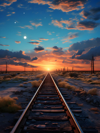 Railway at sunset. Railroad tracks at sunset. Railway landscape.の素材